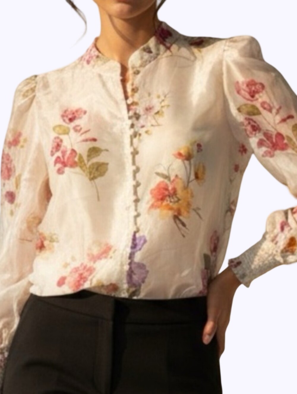 Bailey 44 Floral Sheer Lyocell Blouse White Pink Button Front Smocked Cuff NEW